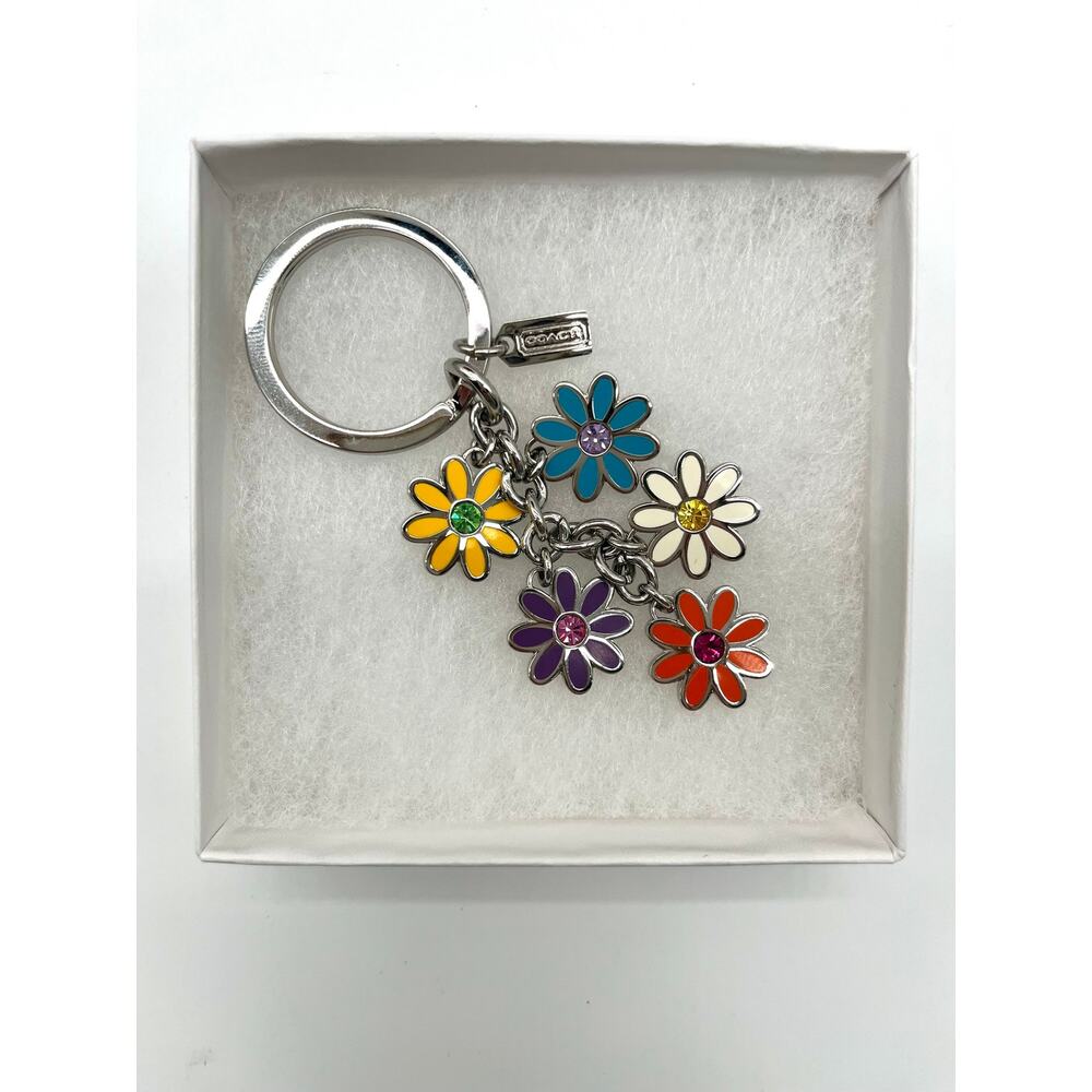 COACH Bag Charm Key Chain, NWOT, Colorful Cascading Daisies with Rhinestones